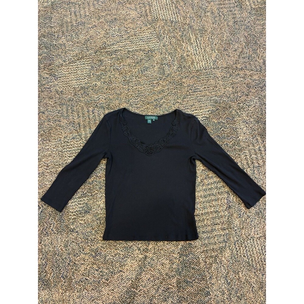 Lauren Ralph Lauren Women's M Black Ribbed Long Sleeve Top Design Around V-Neck